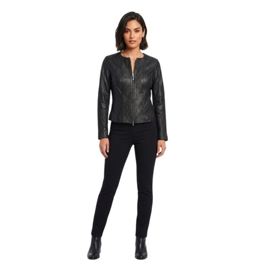 Antica Pelleria Italy Black Leather Laser Cut Eyelet Jacket‎ Women Size 42 Small - Picture 11 of 11